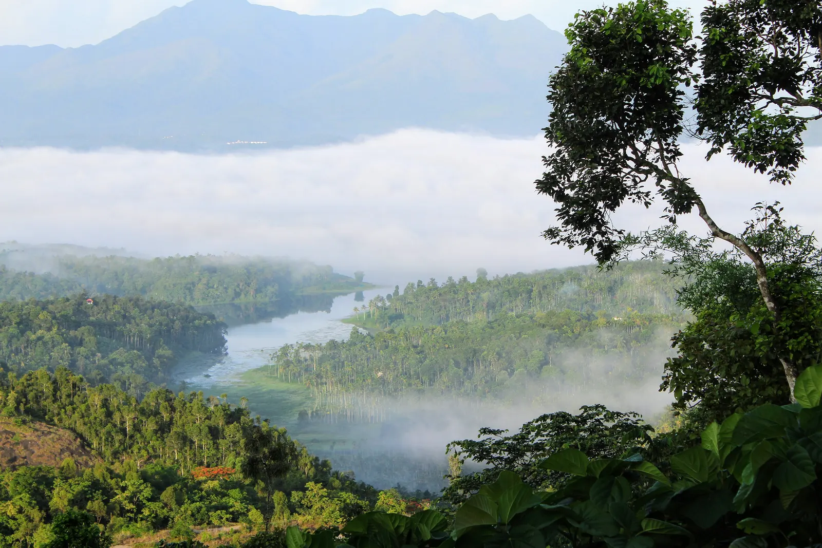 Mist lying over the water and the wooded hills at Karapuzha Dam